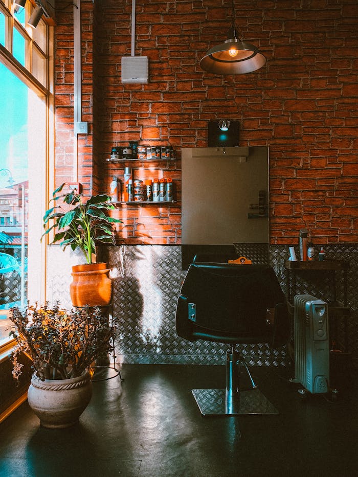 Modern barbershop interior featuring a chair, plants, and brick wall design with natural daylight.
